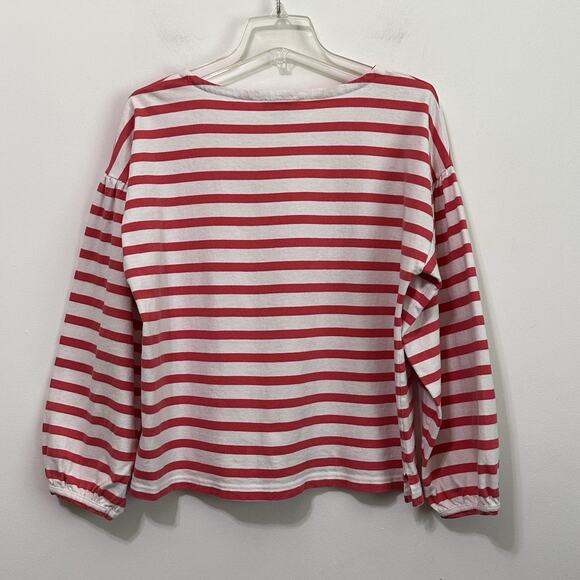 J Crew Heavy Knit Top L Pink Stripe Balloon Sleeve Popover Boat Neck Nautical - Picture 8 of 8
